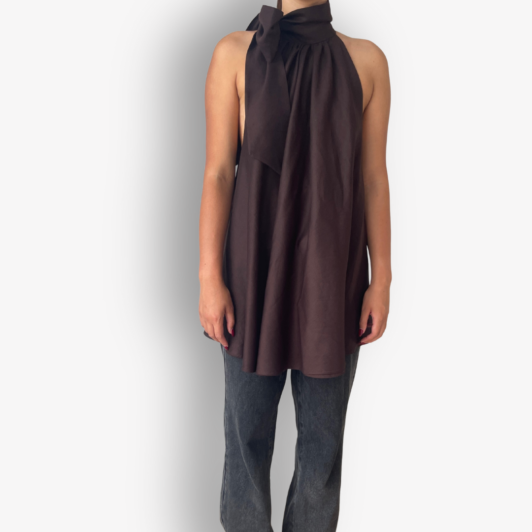 TWO DAUGHTERS HANDMADE LINEN BOW TOP – CHOCOLATE BROWN