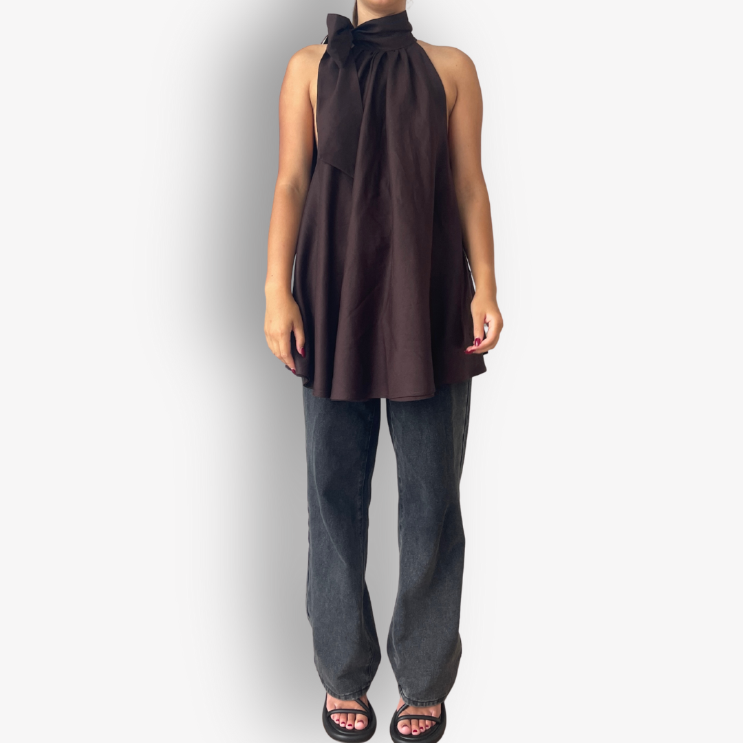 TWO DAUGHTERS HANDMADE LINEN BOW TOP – CHOCOLATE BROWN