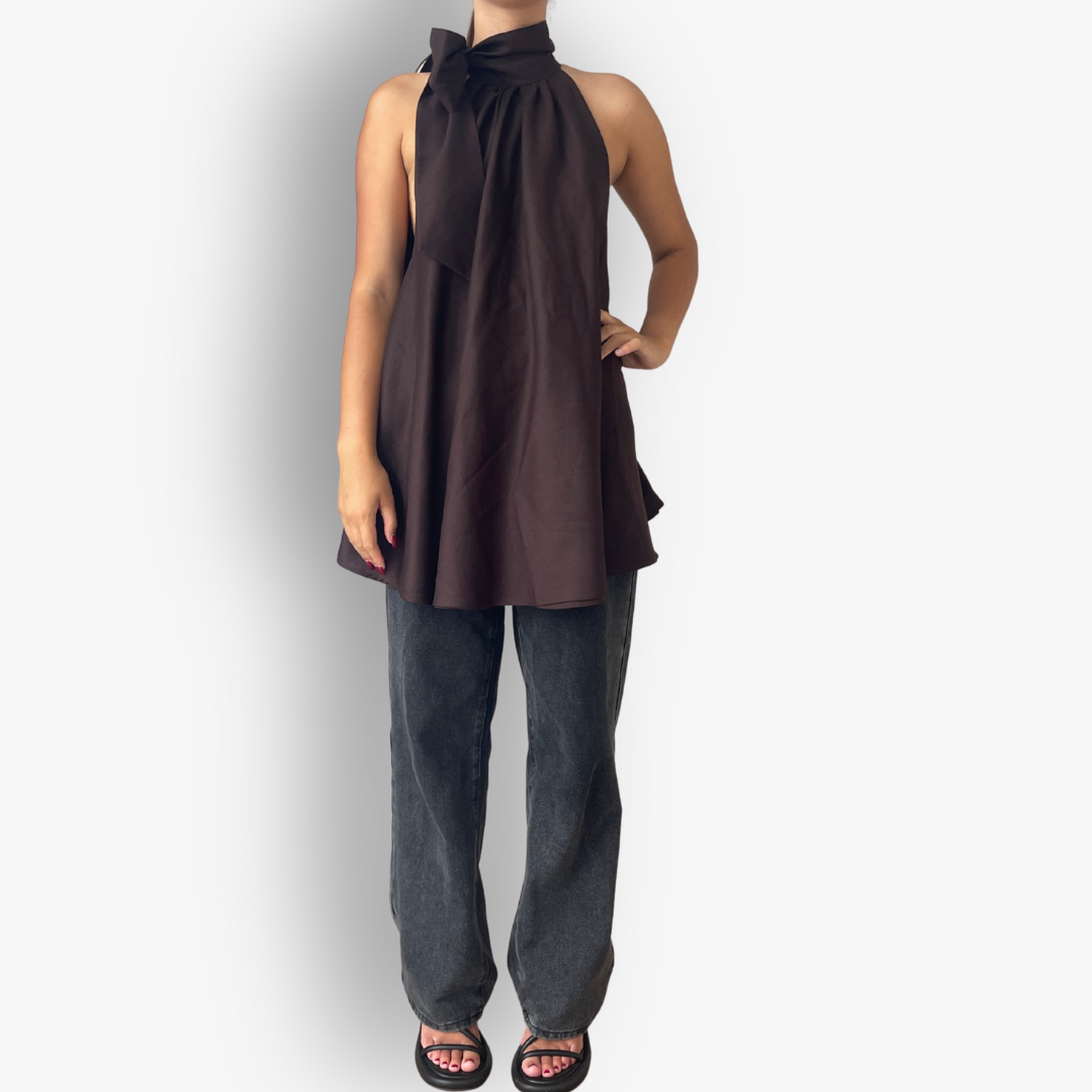 TWO DAUGHTERS HANDMADE LINEN BOW TOP – CHOCOLATE BROWN