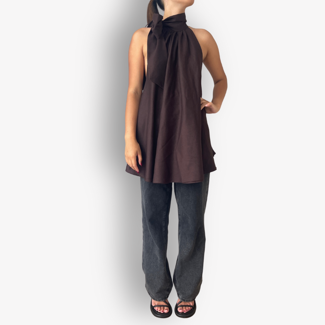 TWO DAUGHTERS HANDMADE LINEN BOW TOP – CHOCOLATE BROWN