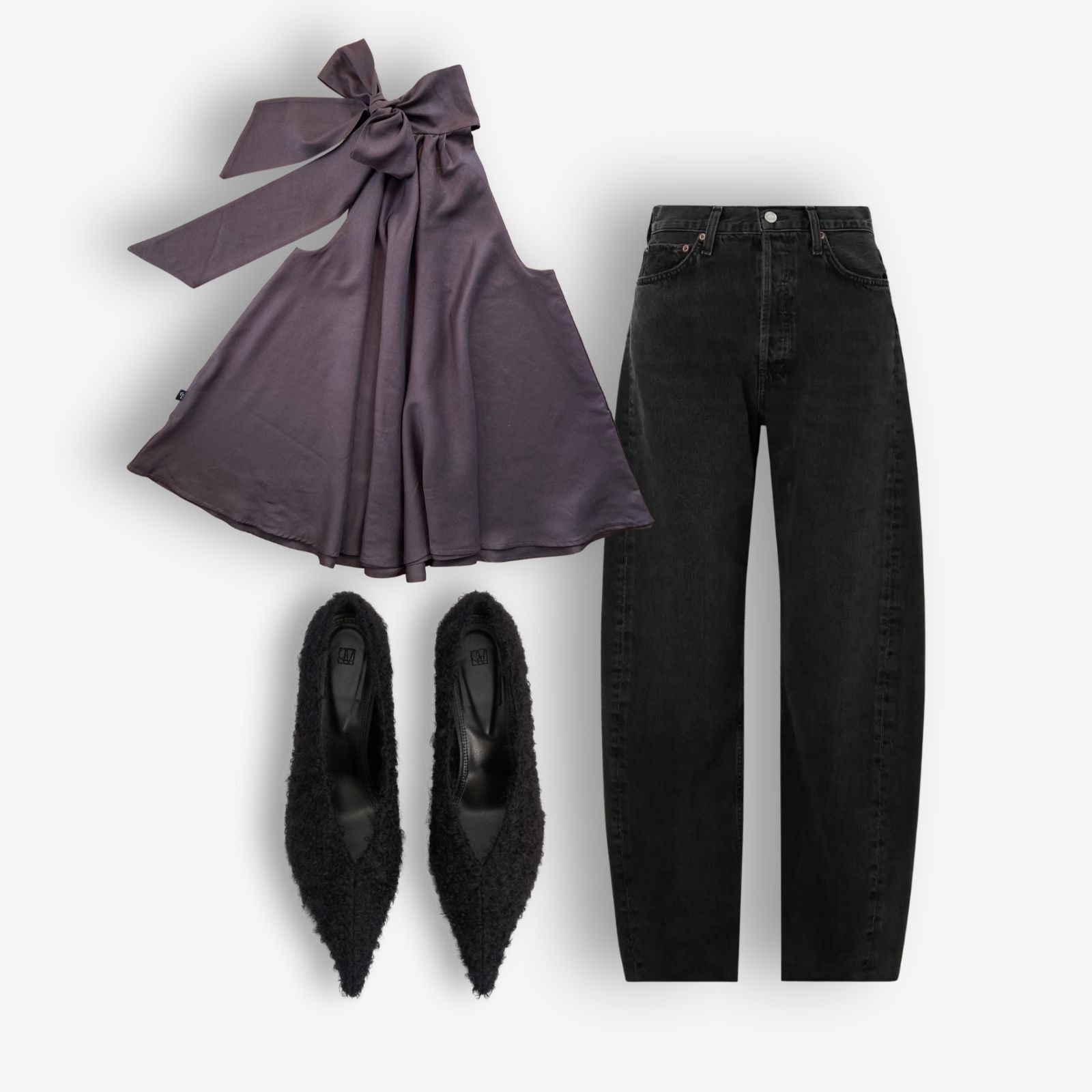 agolde black barrel jeans, camilla marc heels, linen bow top, chocolate brown.