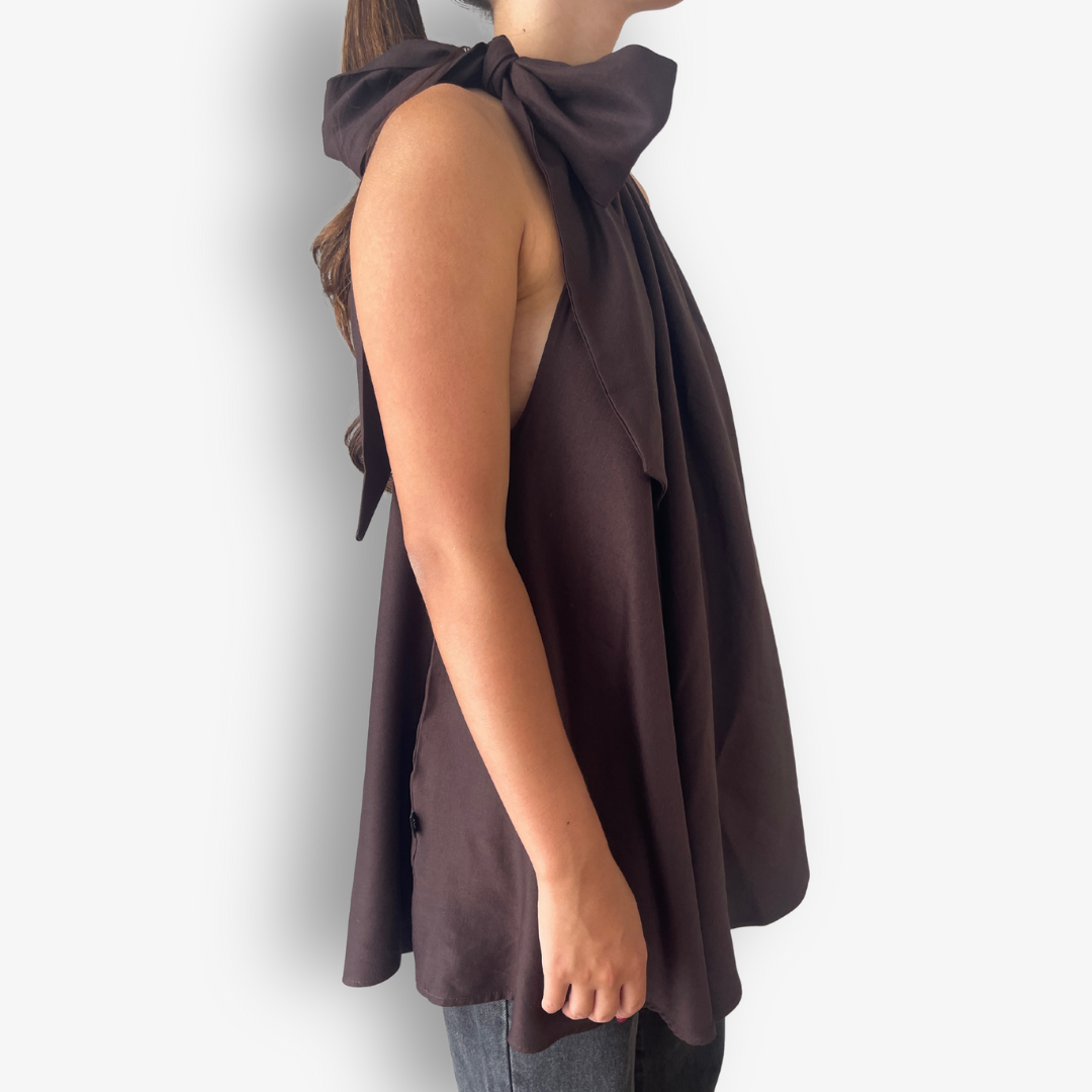 TWO DAUGHTERS HANDMADE LINEN BOW TOP – CHOCOLATE BROWN