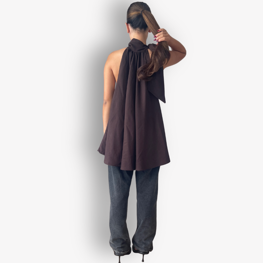 TWO DAUGHTERS HANDMADE LINEN BOW TOP – CHOCOLATE BROWN