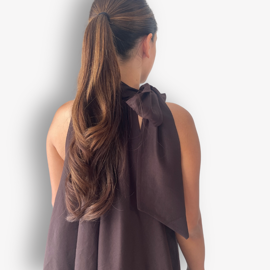 TWO DAUGHTERS HANDMADE LINEN BOW TOP – CHOCOLATE BROWN