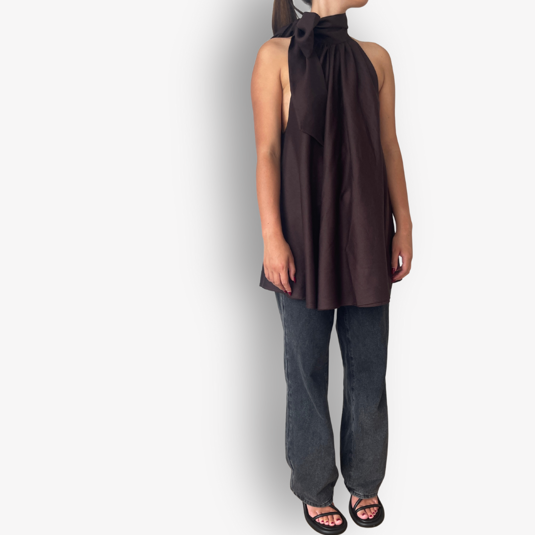 TWO DAUGHTERS HANDMADE LINEN BOW TOP – CHOCOLATE BROWN