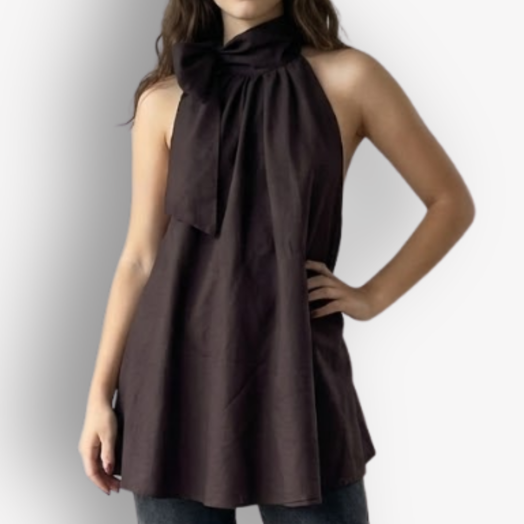 TWO DAUGHTERS HANDMADE LINEN BOW TOP – CHOCOLATE BROWN