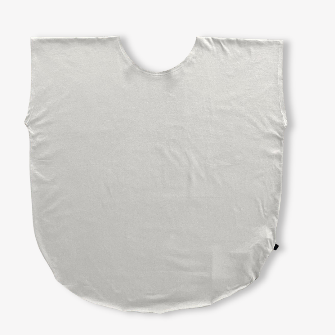 A white cotton tshirt with a wide, rounded neckline, laid flat against a white background.