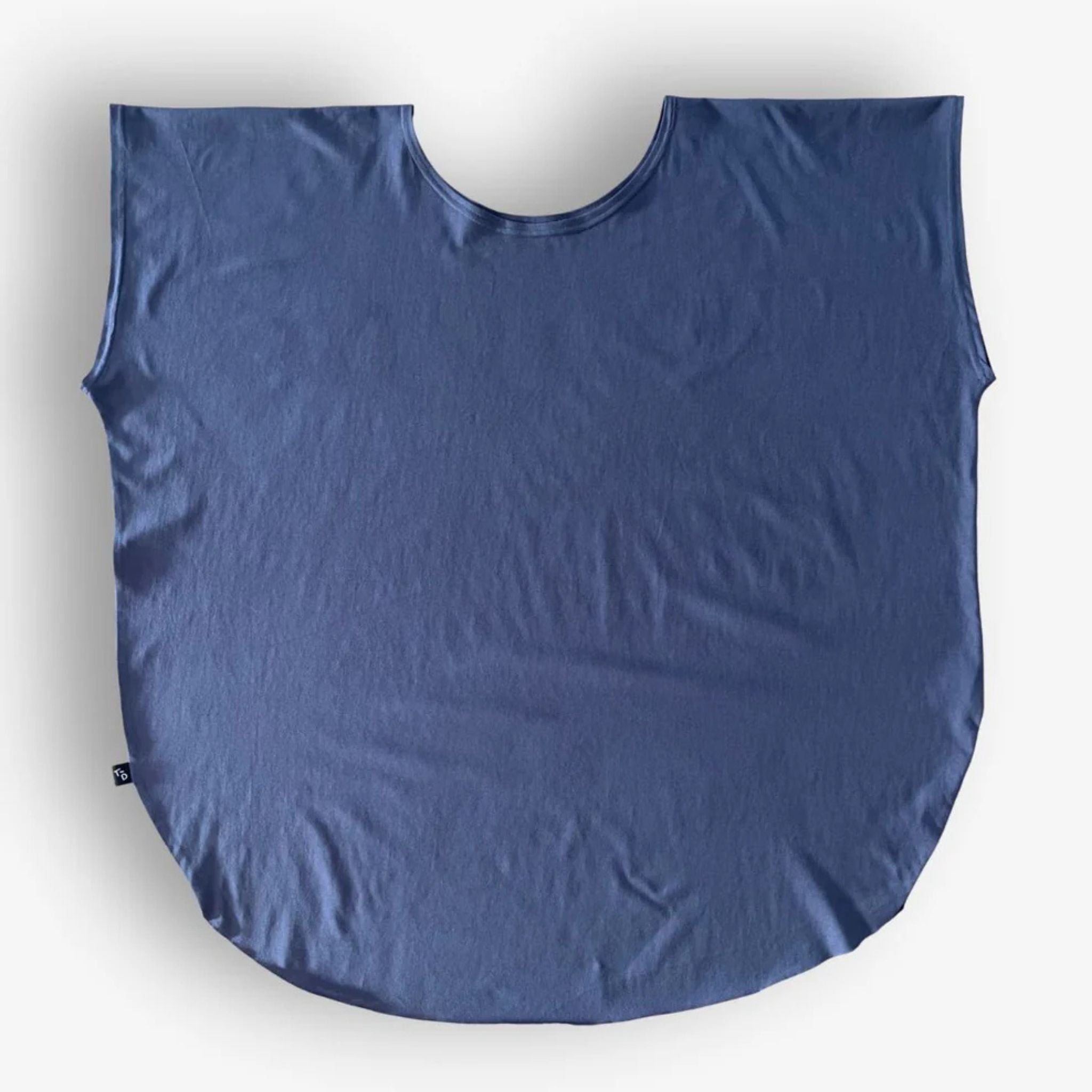 Flat lay of Two Daughters round neck short sleeve t‑shirt in slate with relaxed oversized fit and circular hemline.