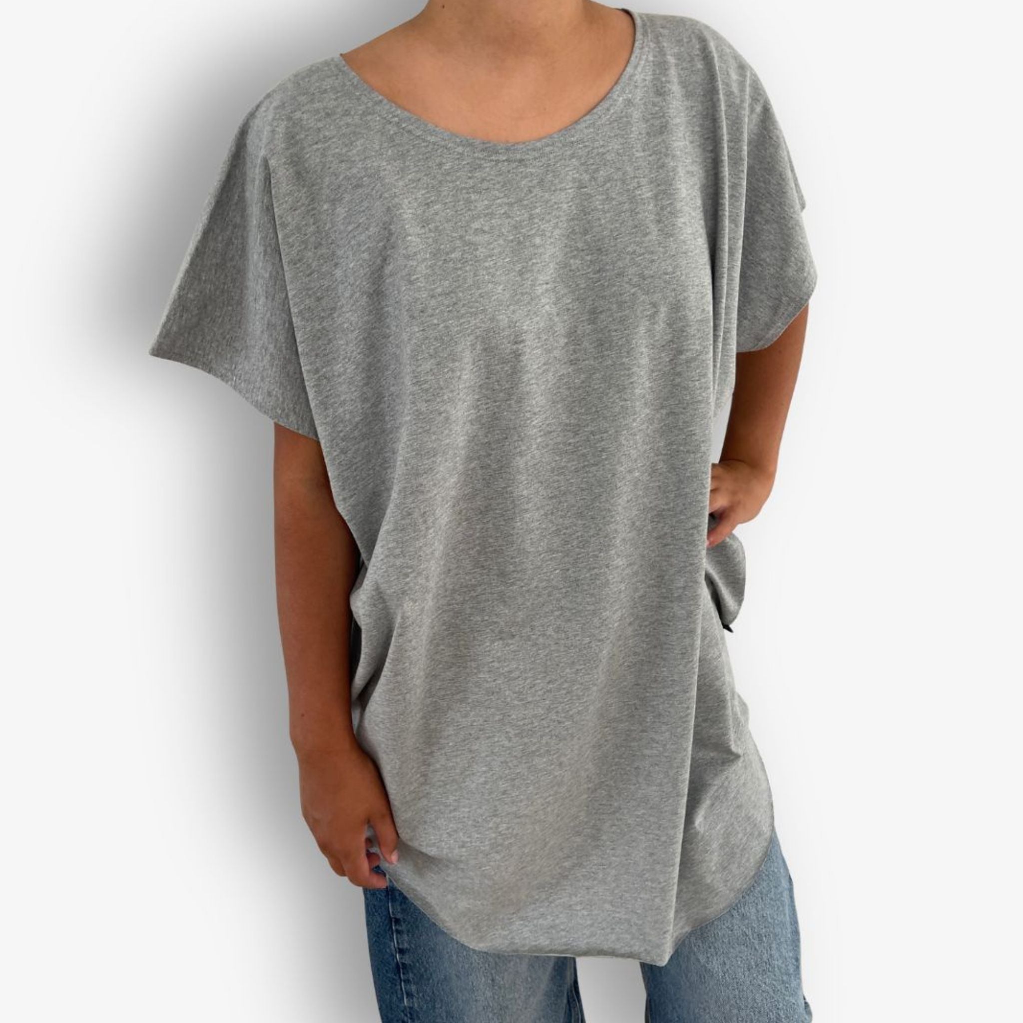 Front view of Two Daughters round neck short sleeve circular t-shirt in grey marle with relaxed oversized fit.
