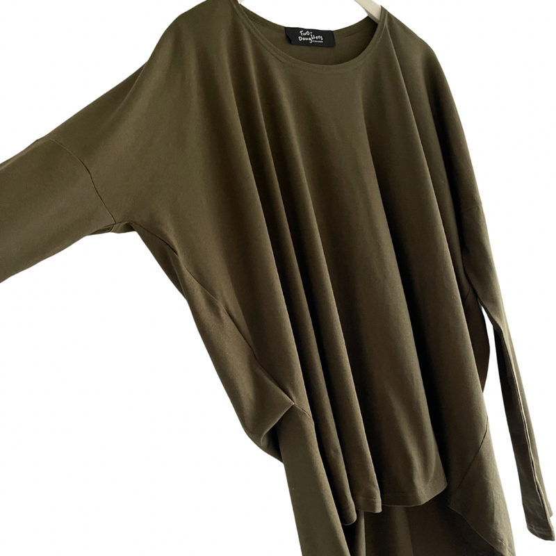 Long-sleeved Cotton Folded Drape Tee Khaki