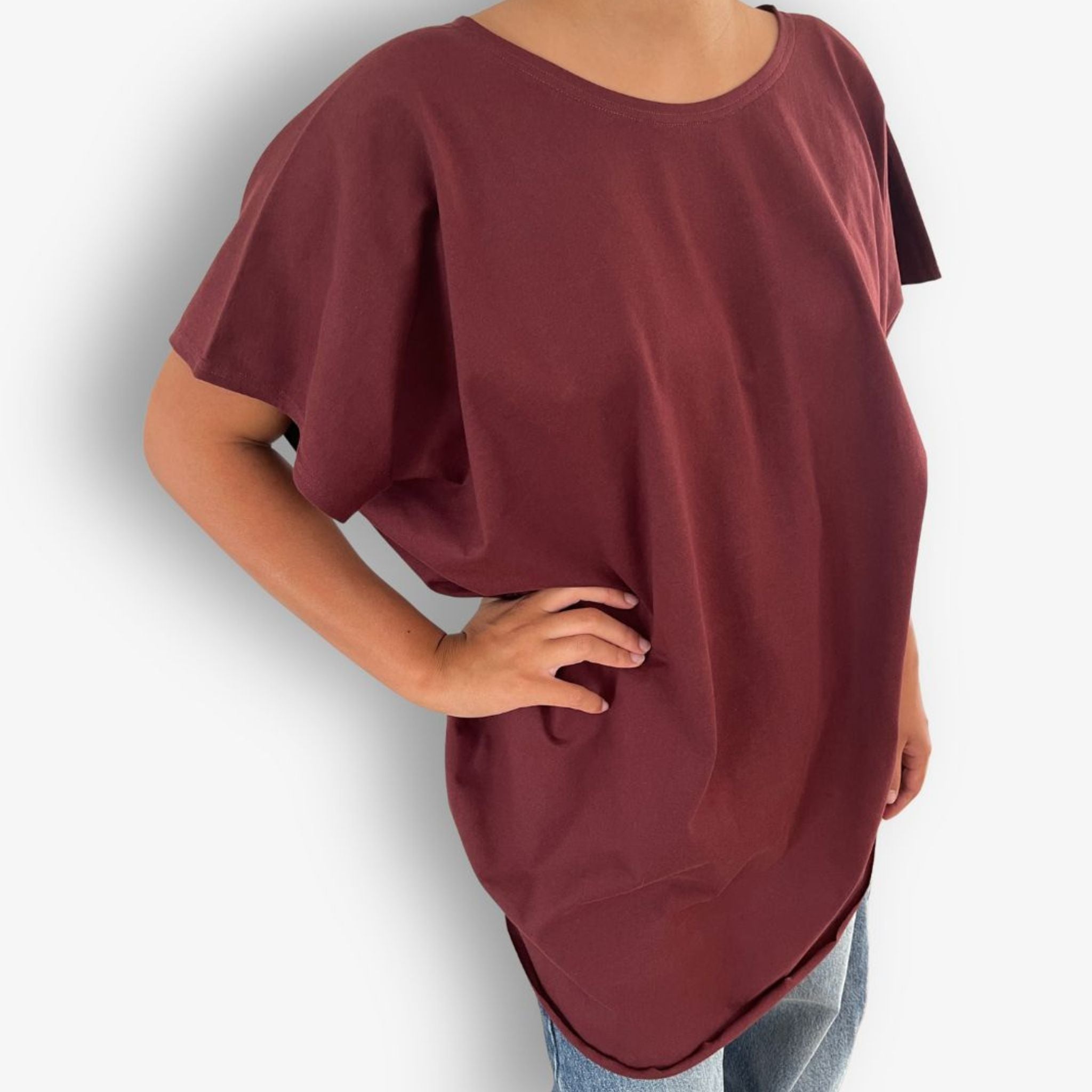 Front view of Round Neck Circular Short Sleeve Tee in Cherry Chocolate