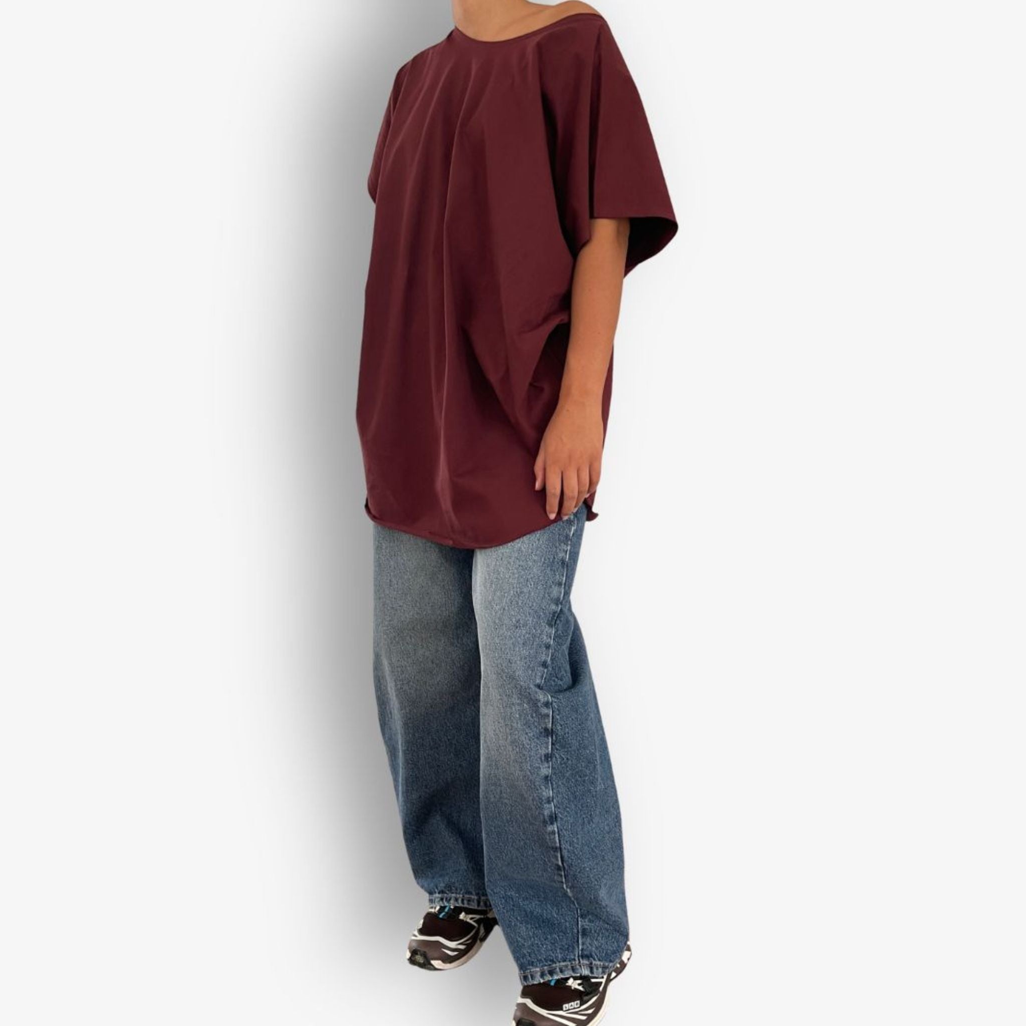 Front view of Round Neck Circular Short Sleeve Tee in Cherry Chocolate on a model