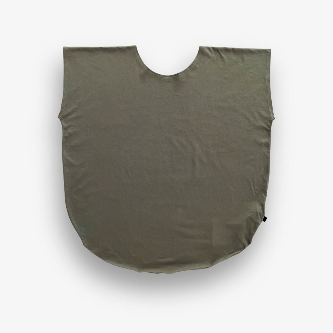 Detail of raw circular hem khaki cotton tee