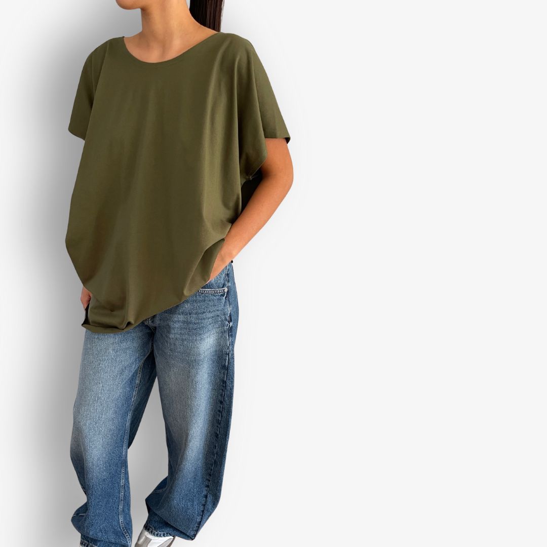 Side view of khaki circular hem oversized cotton tee