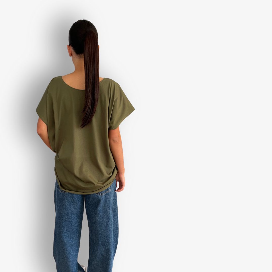 Back view of khaki circular hem cotton t-shirt