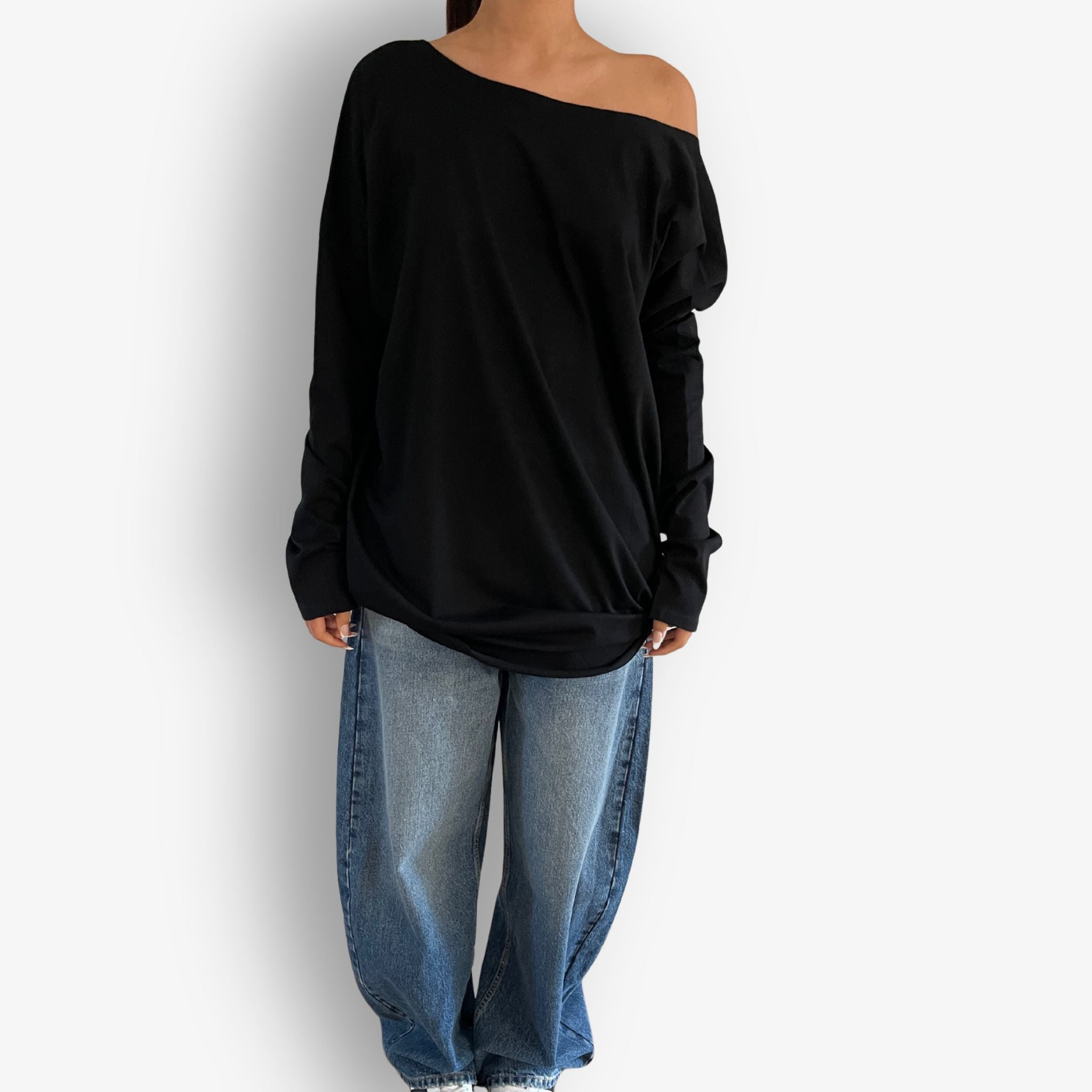 Front view of Two Daughters reversible long sleeve circular t-shirt in black.