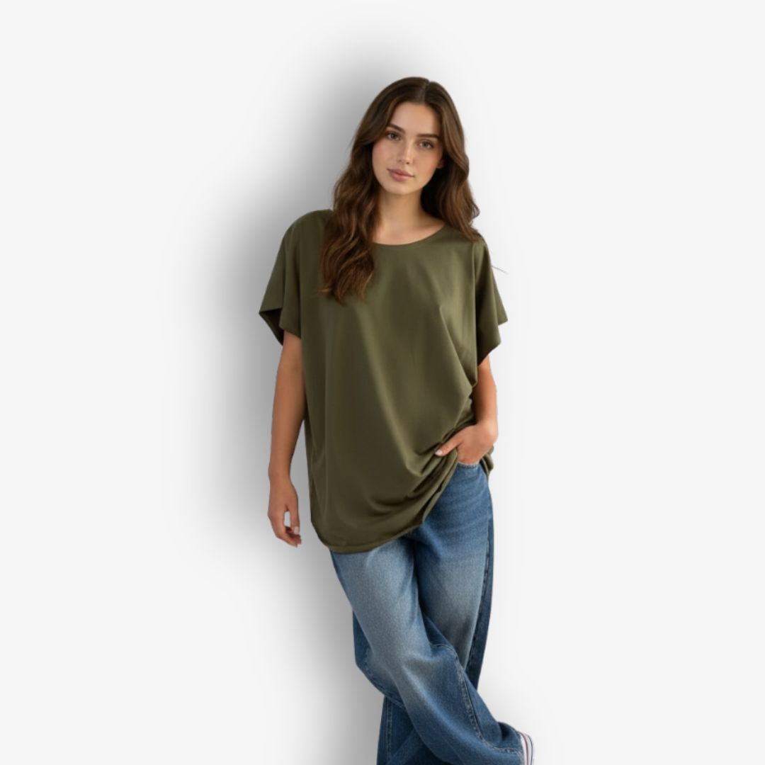 Two Daughters khaki round neck circular hem short sleeve cotton t-shirt
