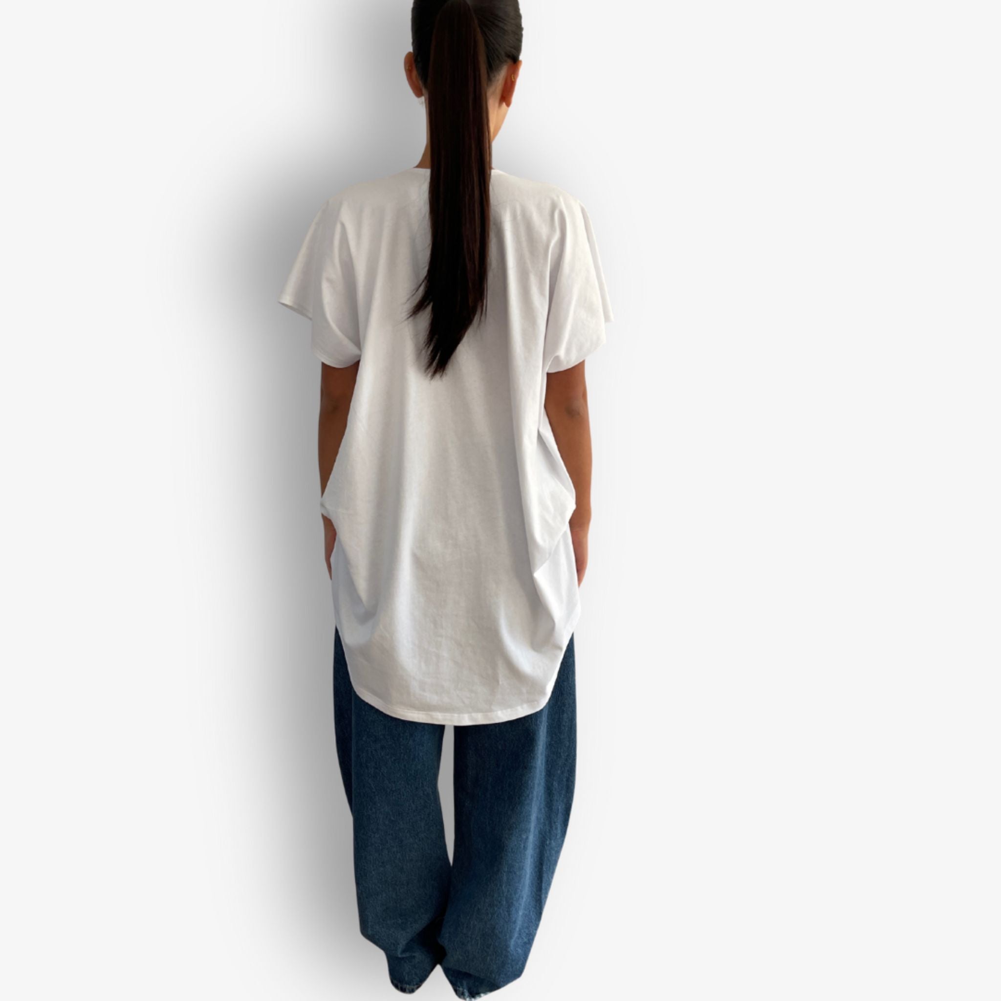 Back view white high low hem oversized cotton t-shirt