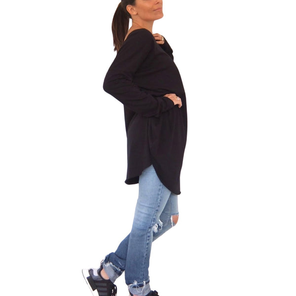 TWO DAUGHTERS - oversized long sleeve reversible neck circular tshirt - black