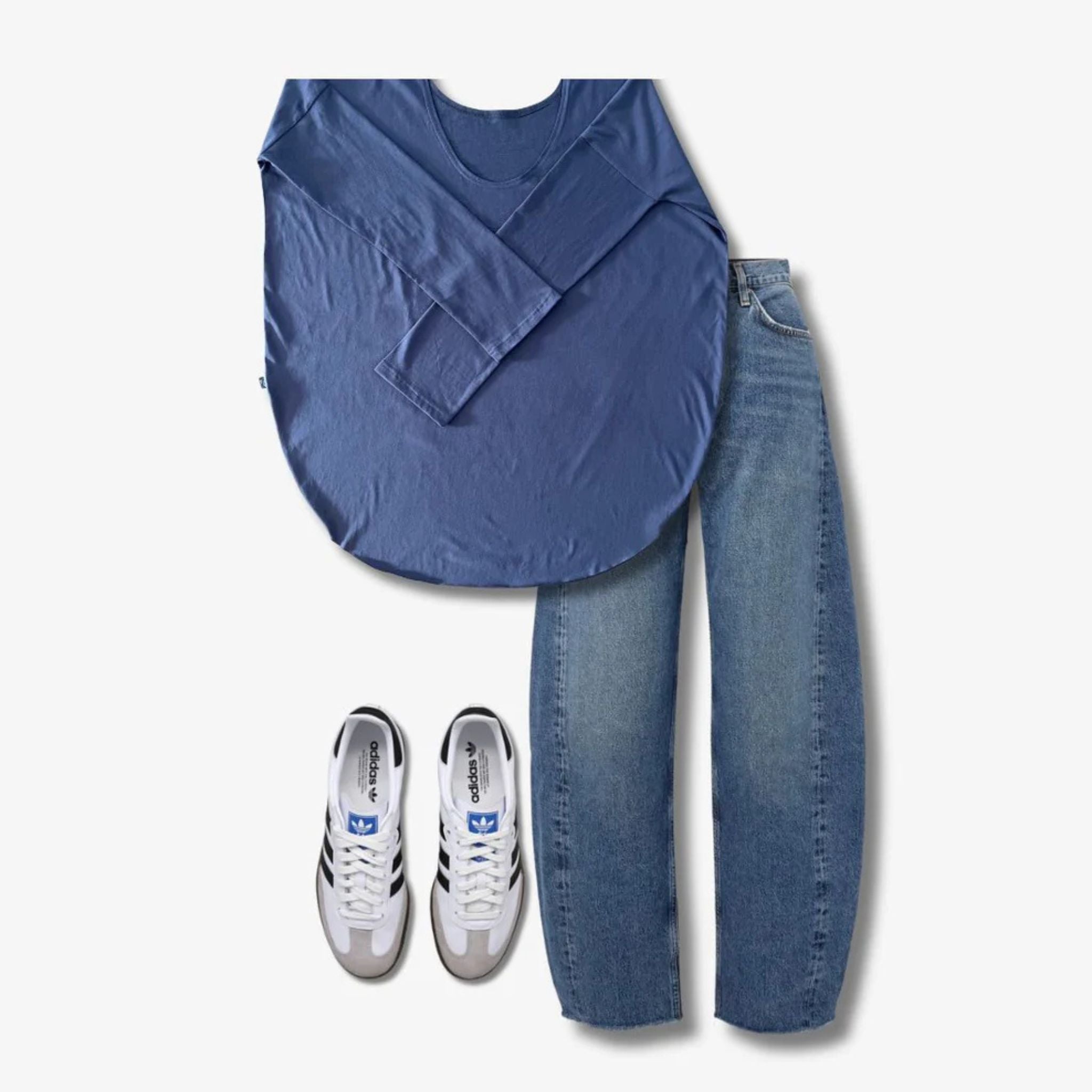 Two Daughters Flat Lay Slate Round Neck long Sleeve Tee Relaxed Fit With Barrel Leg Agolde Luna Jeans Adidas Samba