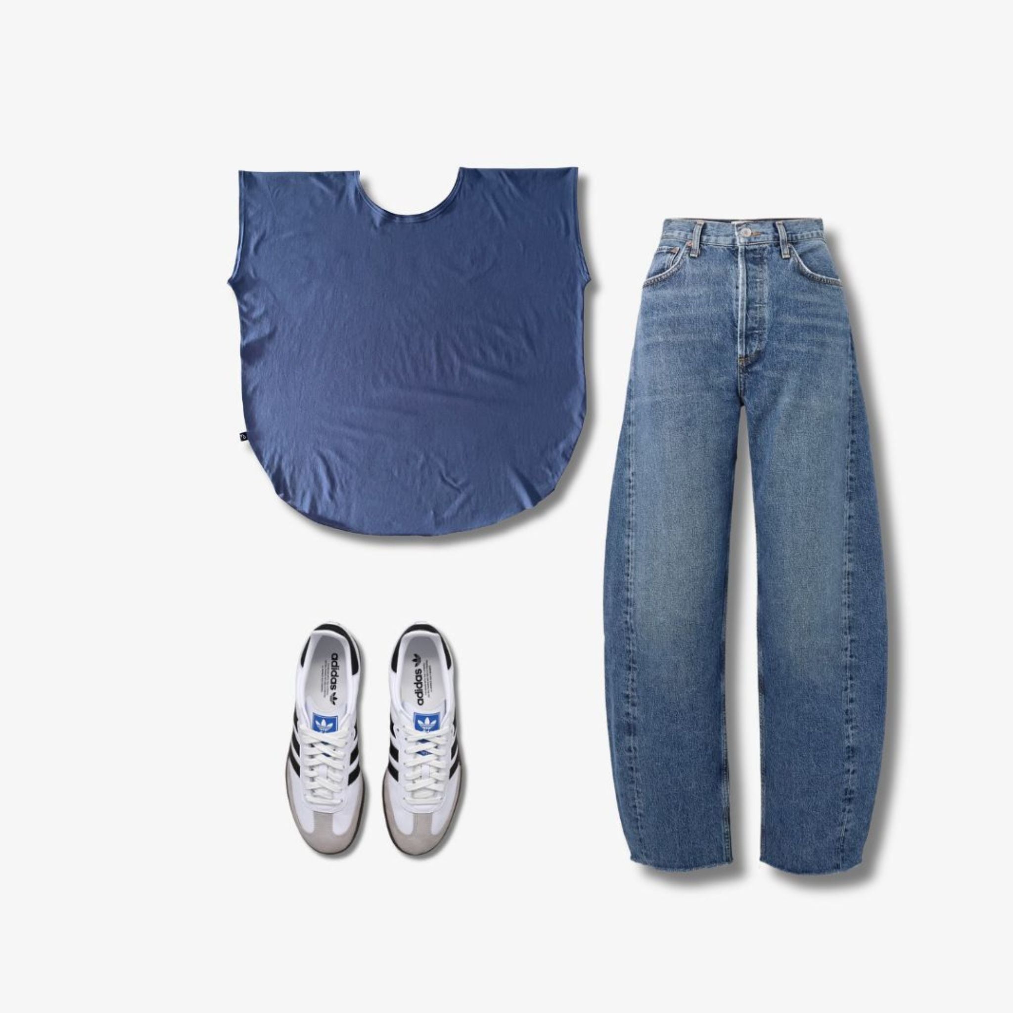 Two Daughters Flat Lay Slate Round Neck Tee Relaxed Fit With Barrel Leg Agolde Luna Jeans Adidas Samba