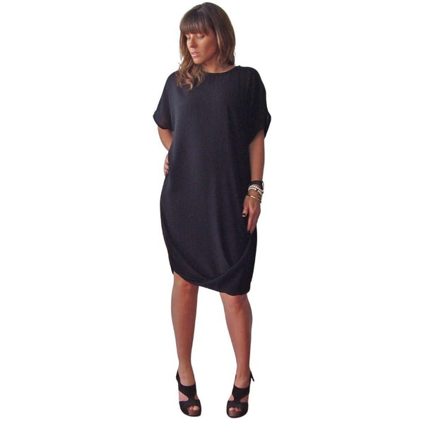 Woman wearing two-daughters eco-friendly new-Zealand-made dress made-in-nz organic-cotton 