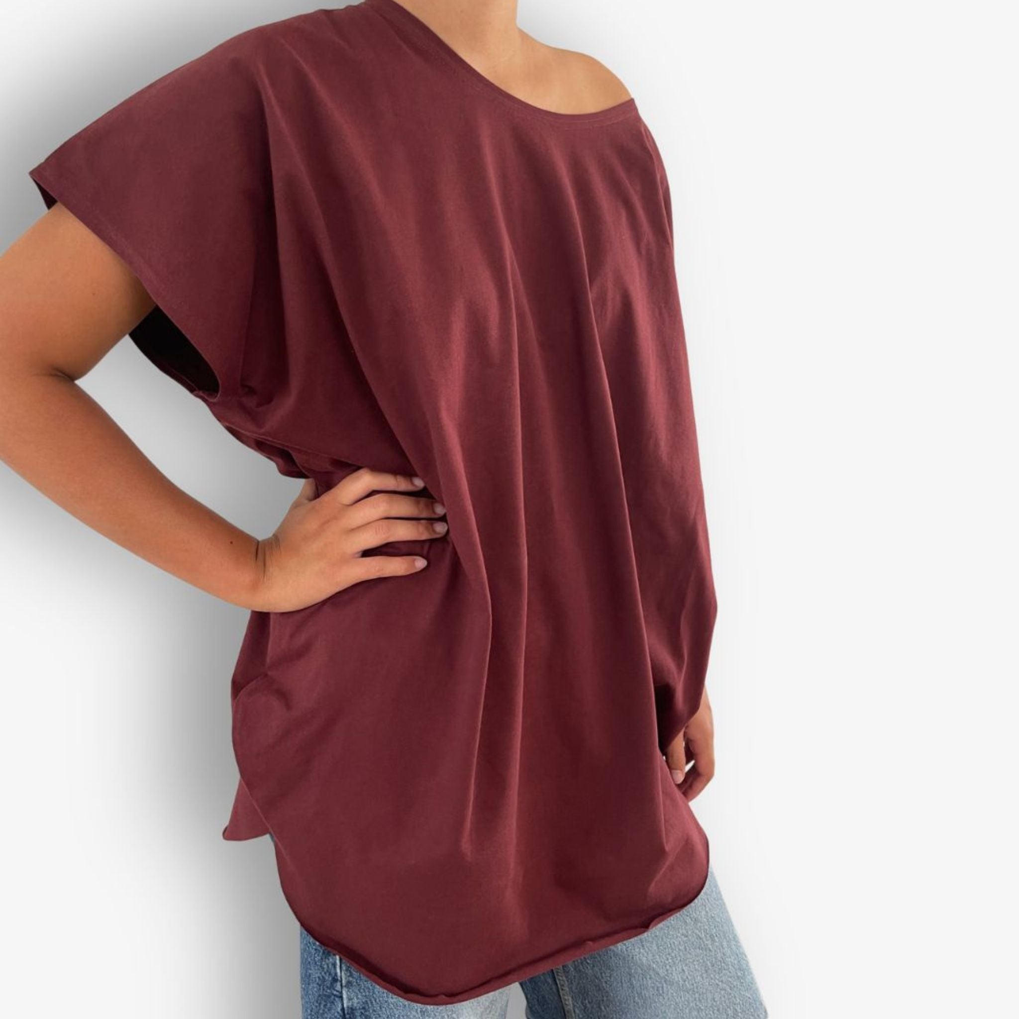 Front view of Round Neck Circular Short Sleeve Tee in Cherry Chocolate on a model
