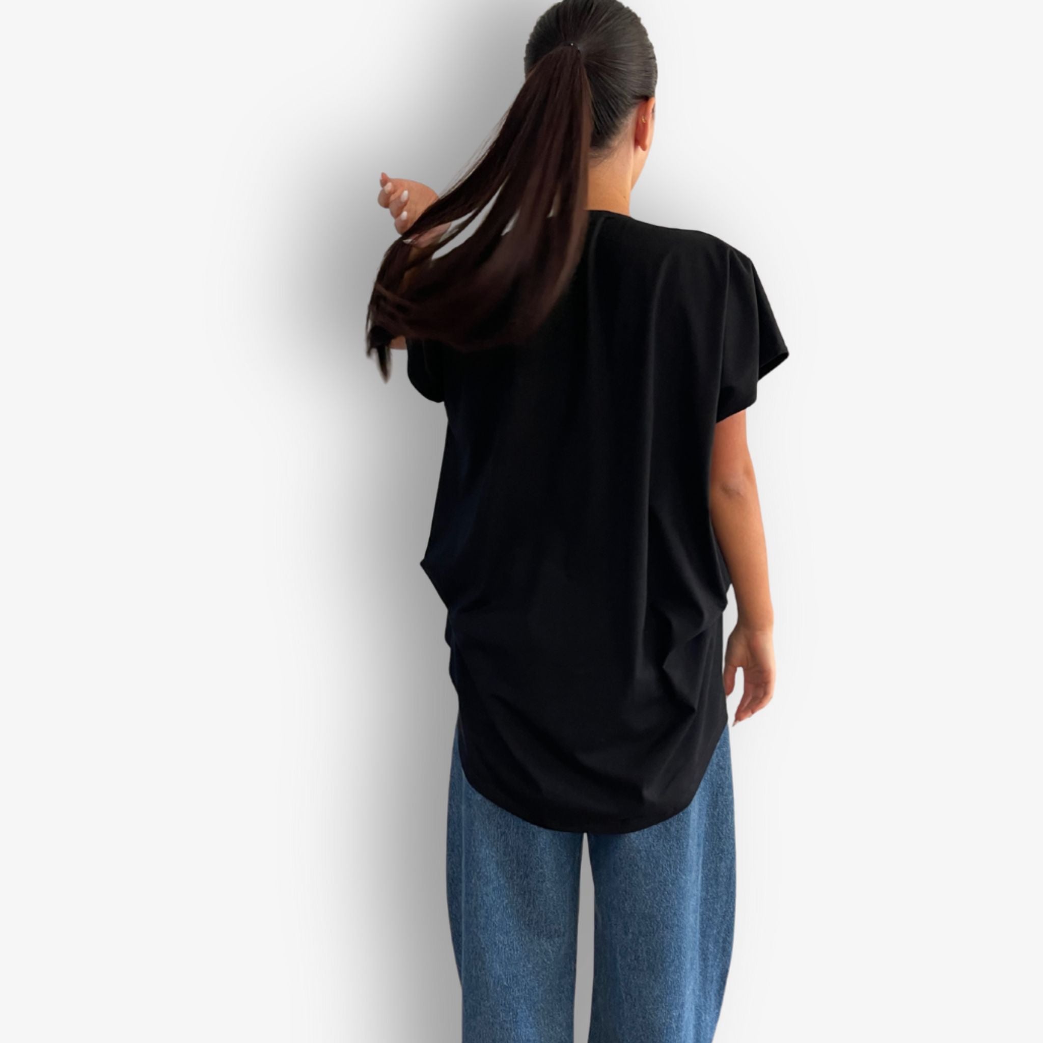 Two Daughters black high low folded hem cotton short sleeve t-shirt back view