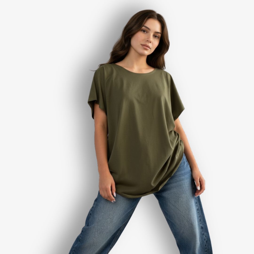 Khaki circular hem cotton tee styled casual outfit