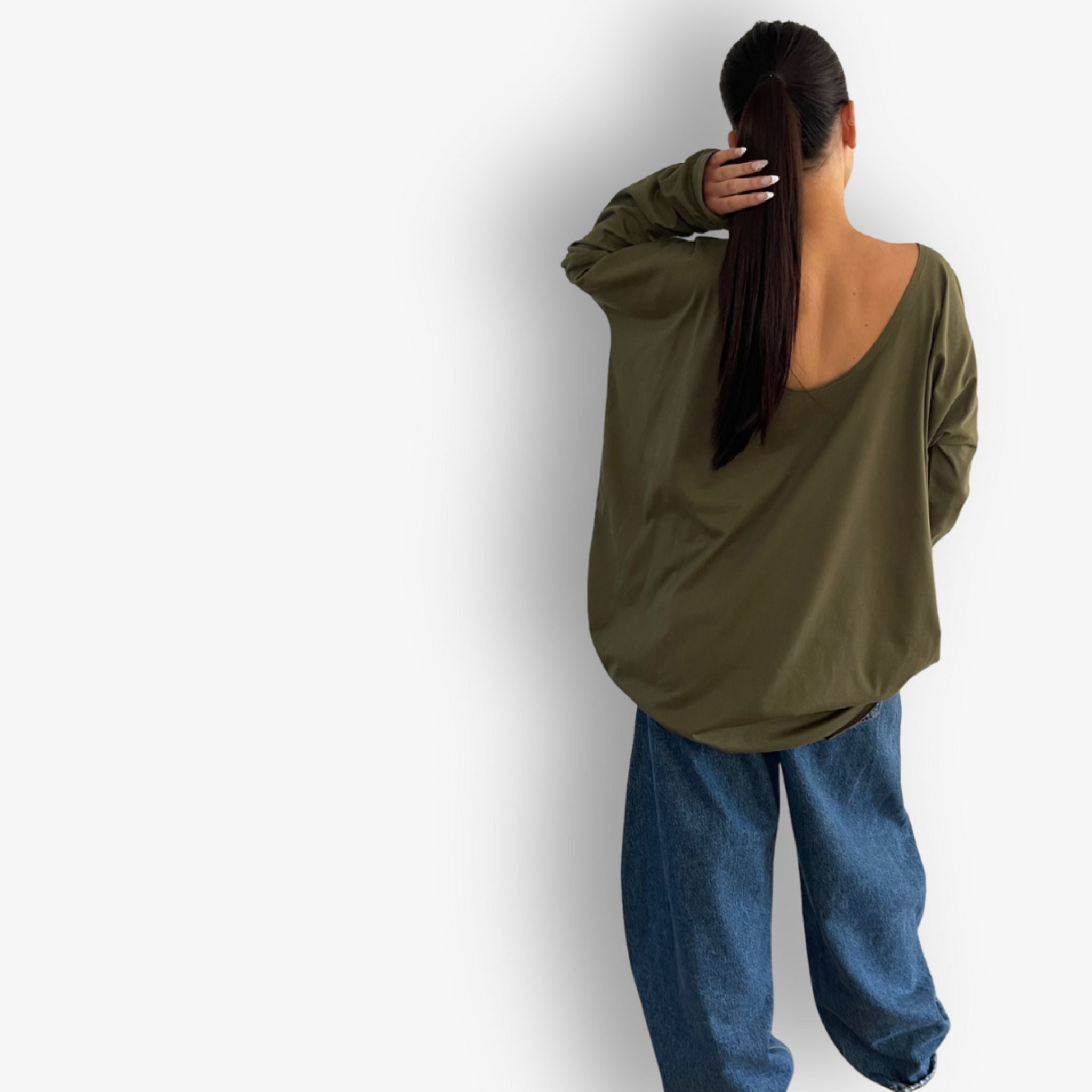 Back view of Two Daughters reversible long sleeve circular t‑shirt in khaki.