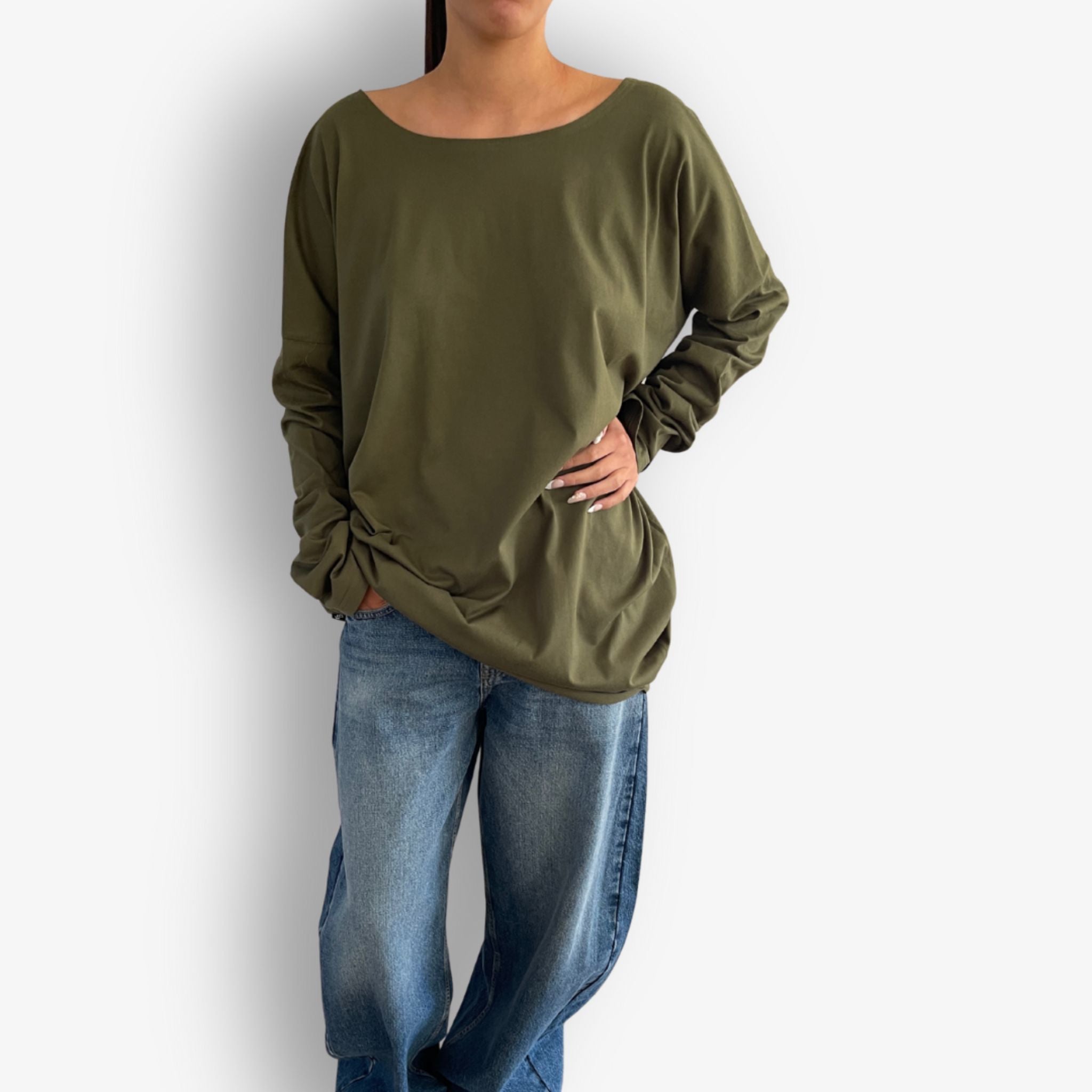 Front view of Two Daughters reversible long sleeve circular t‑shirt in khaki.