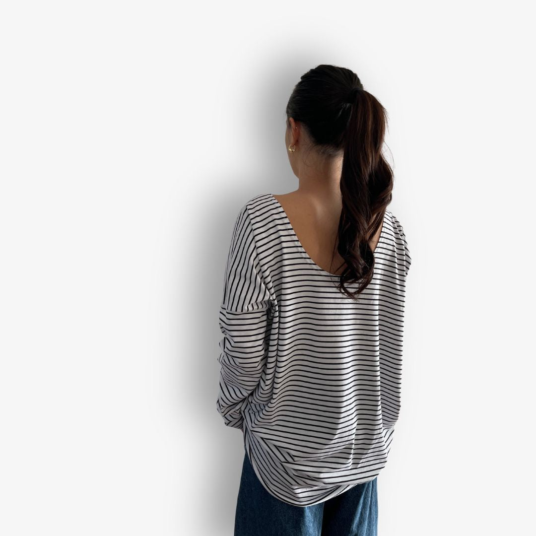 Back view striped cotton long sleeve circular t-shirt Two Daughters