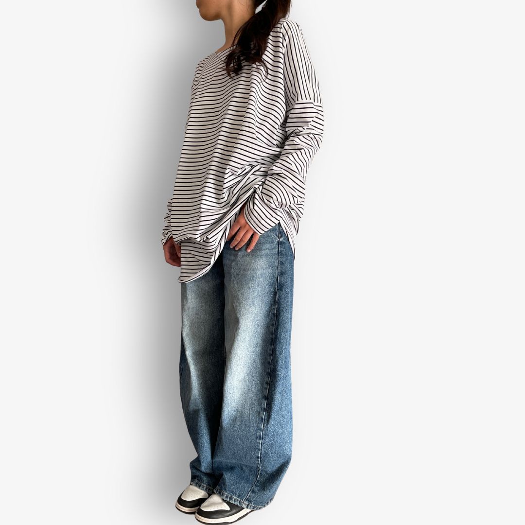 Oversized striped long sleeve cotton t-shirt by Two Daughters New Zealand side view