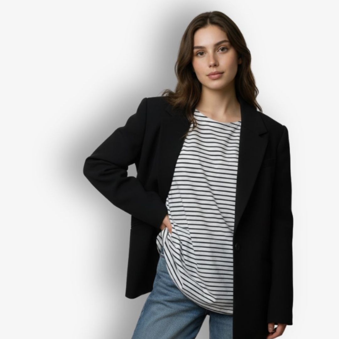 Reversible neckline detail on striped cotton long sleeve t-shirt worn with jeans and black blazer
